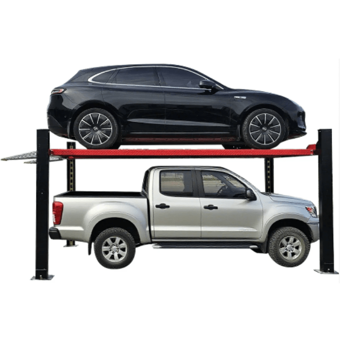 SUV parked above a pickup truck using the Katool KT-4H950 4 post car storage lift.