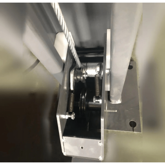 Safety latch and cable routing at the base of the 4H150 Katool 4-post car lift