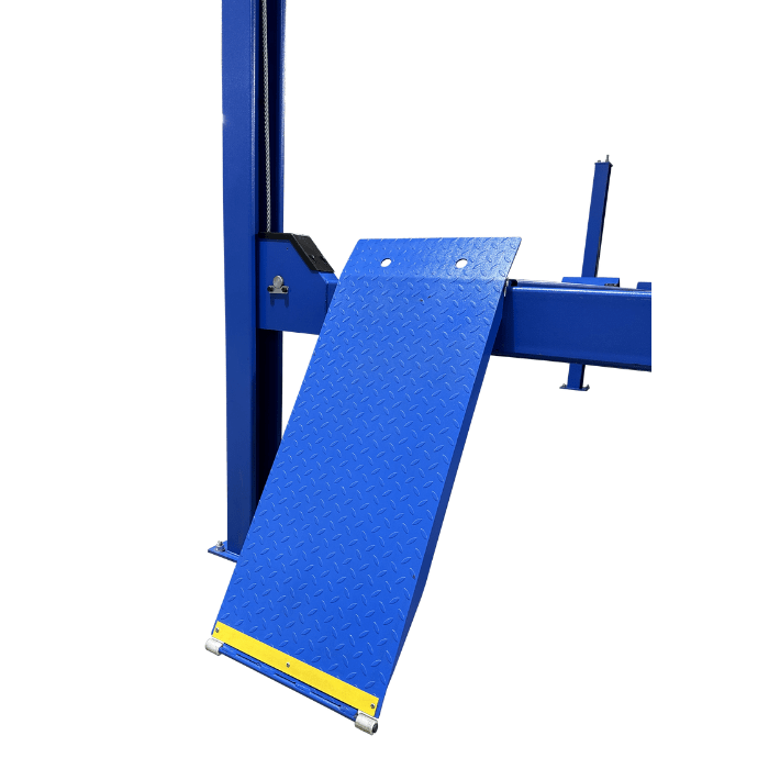 Self-chocking blue steel ramp with yellow edge attached to a post of a 4-post lift.