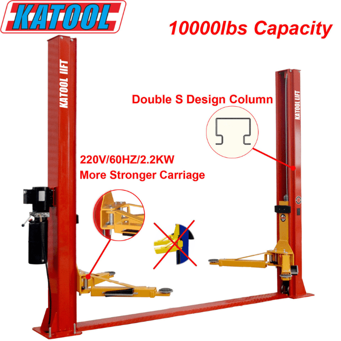 Showing 3 different features of the Katool H100 10000lb Two-Post Auto Lift
