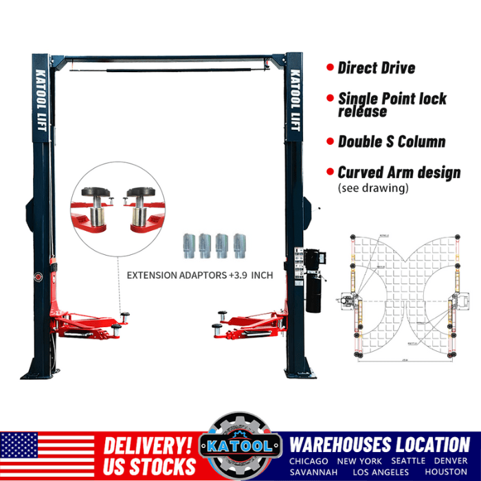 Showing 4 key features of the AS110D 11,000lbs Single Point Lock 2 Post Car Lift