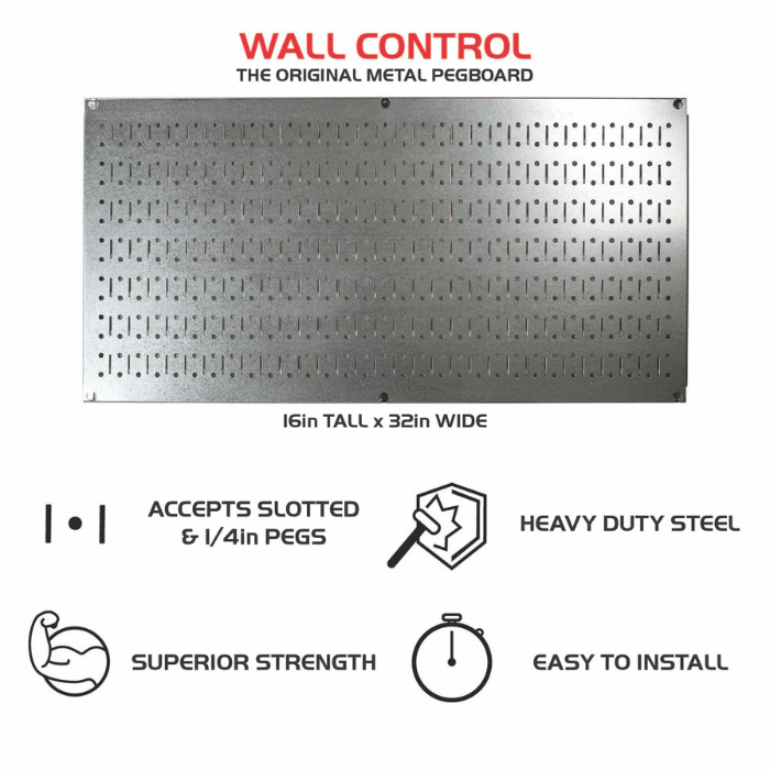 Showing 4 key features of the Horizontal Metal Pegboard Tool Board Panel by Wall Control
