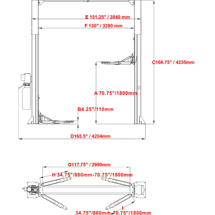 Showing Dimensions of M120 2 Post Car Lift by Katool