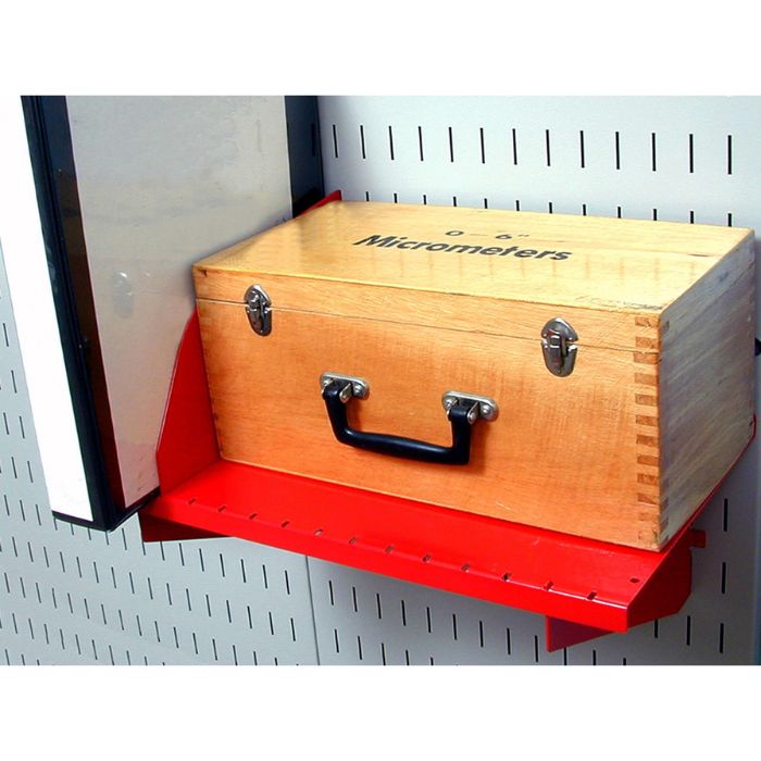 Showing a box being held up by a shelf from the Perfect Starter Accessory Pack The Most Popular Wall Control Pegboard Hook Set