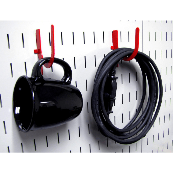 Showing a cup and a cord attached to red accessories from the Deluxe Slotted Metal Pegboard Accessory Pack