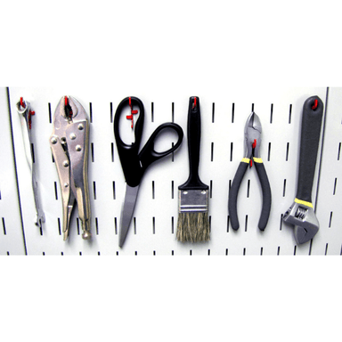 Showing a row of 5 tools attached to a pegboard using Wall Control Deluxe Slotted Metal Pegboard Accessory Pack