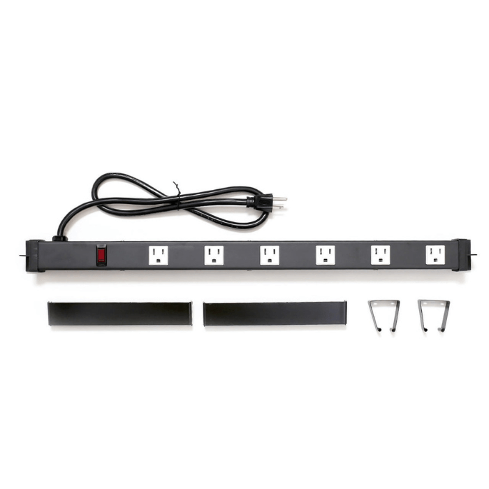 Showing all the things included in the Control Pegboard Power Strip Charging Station Outlet Rail kit