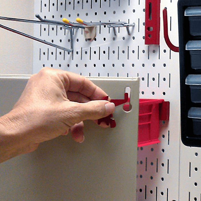 Showing both the peg and peghole of the Pegboard 12-Drawer Bin Cabinet