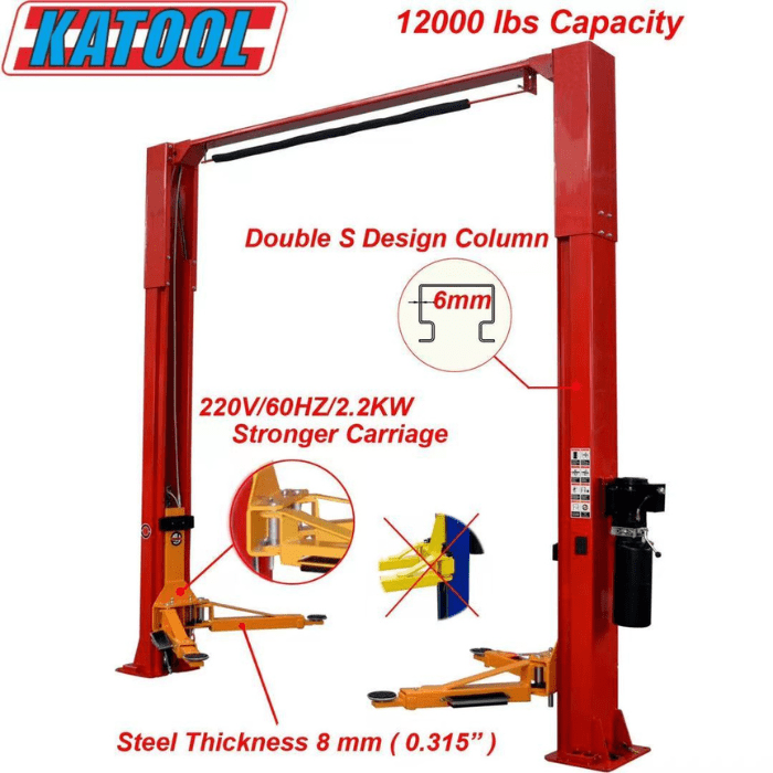 Showing different specs for the M120 2 Post Car Lift by Katool