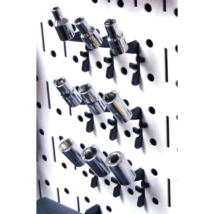 Showing differetnt attachments hanging from accessories from the Basic Slotted Metal Pegboard Accessory Pack by Wall Control