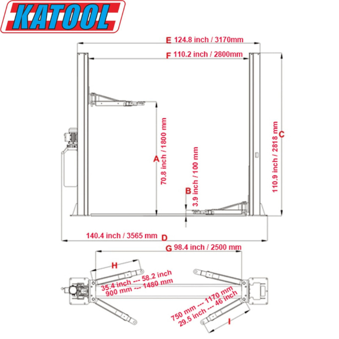 Showing dimensions of the Katool KT-H105 10,000 lb Two-Post Car Lift