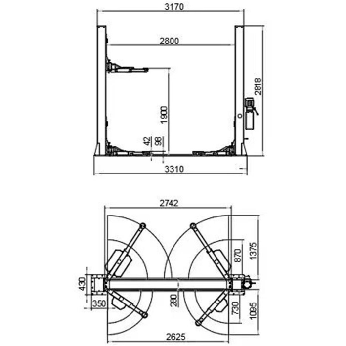 Showing dimensions of the Katool KT-H120D 12,000lbs Two Post Car Lift
