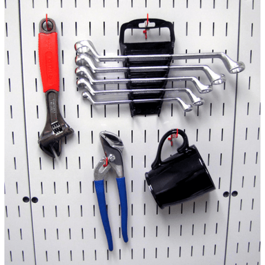 Showing hooks that come with the Basic Slotted Metal Pegboard Accessory Pack (13) Pieces red
