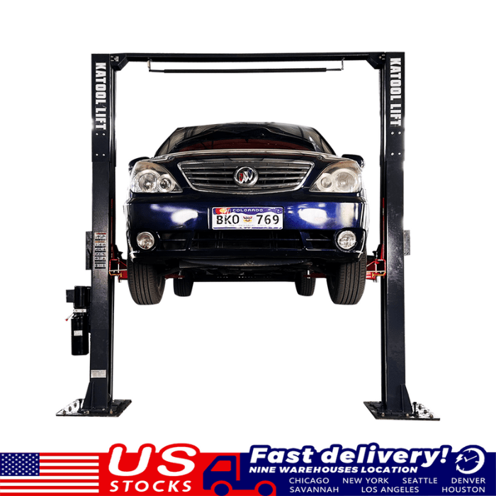 Showing how the Katool AM120S 12,000lbs 2 Post Car Lift are stocked in the US and offer fast delivery