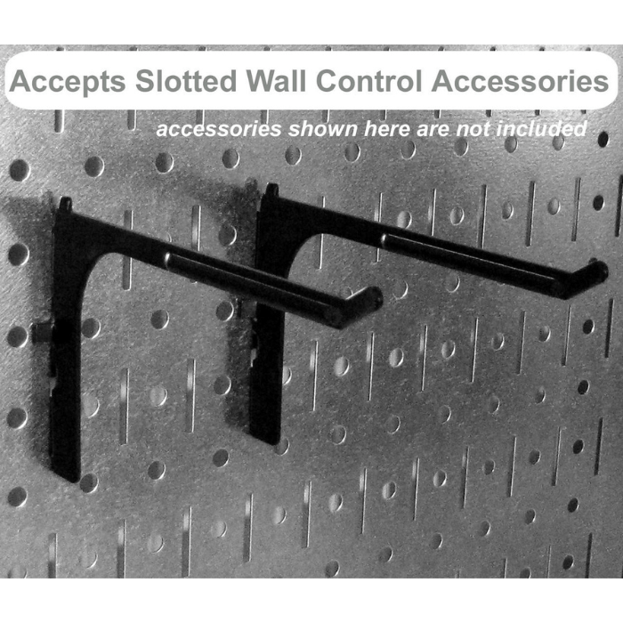 Showing how the Wall Control Galvanized Steel Metal Pegboard Pack 32in x 16in accepts slotted accessories