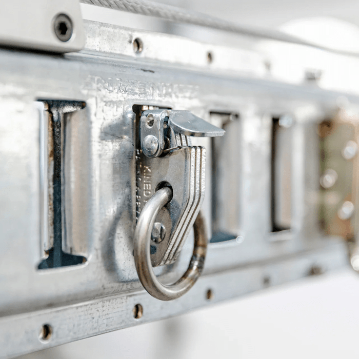 Showing one of the hooks on the side of the Auxx-One motorized storage lift used to attach items