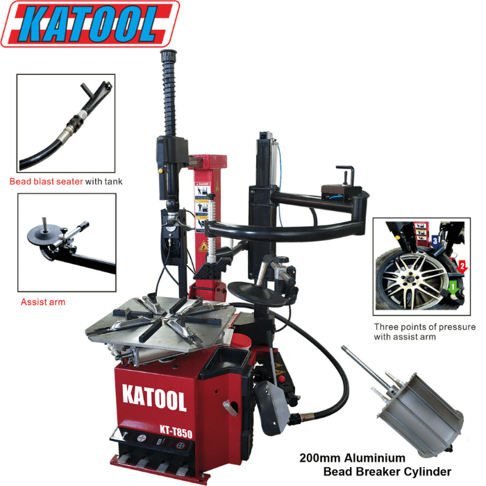 Showing the 4 main features of the Katool T850 Tilt-Arm Wheel Clamp Tire Changer
