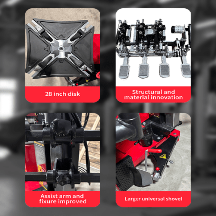 Showing the 4 main parts of the KT-855 Auto Tire Changer & Vertical Tire Press Machine by Katool