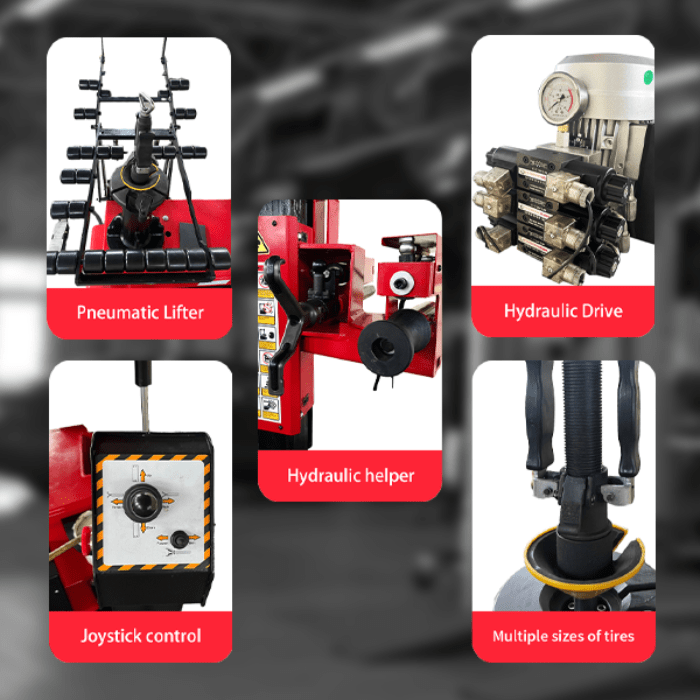 Showing the 5 main parts of the Katool T900 Center Post Tire Changer