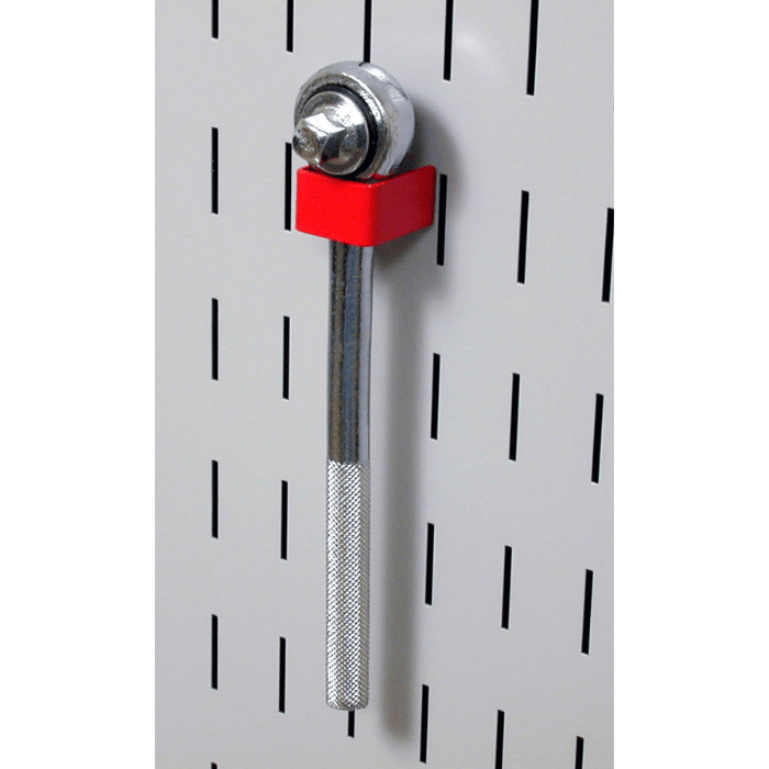 Showing the C-Bracket accessory that comes with the Basic Slotted Metal Pegboard Accessory Pack by Wall Control