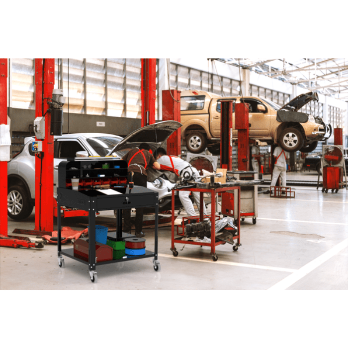 Showing the Luxor Shop Desk with Pigeonhole Bin Unit inside a mechanic shop