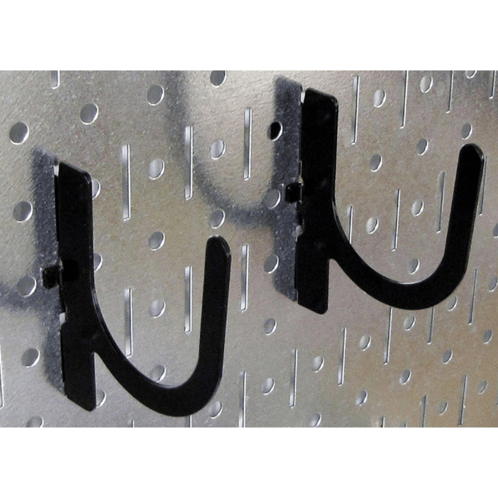 Showing the U-Shaped slotted pegboard hooks that come with the 4ft Metal Pegboard Basic Tool Organizer Kit - Metallic Toolboard Hooks