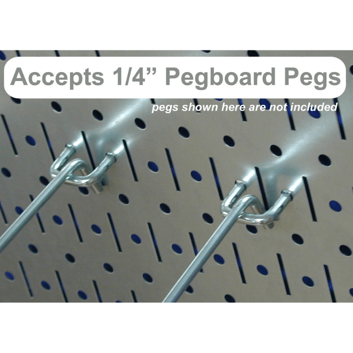 Showing the Ultimate Metal Pegboard Organizer accepts 1-4 inch pegs