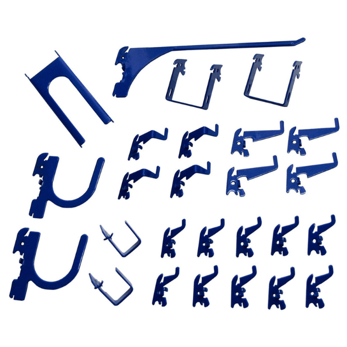 Showing the blue variant of the Deluxe Slotted Metal Pegboard Accessory Pack