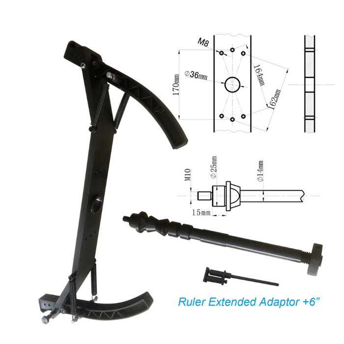 Showing the different dimensions for the Katool MC2 Motorcycle Adaptor