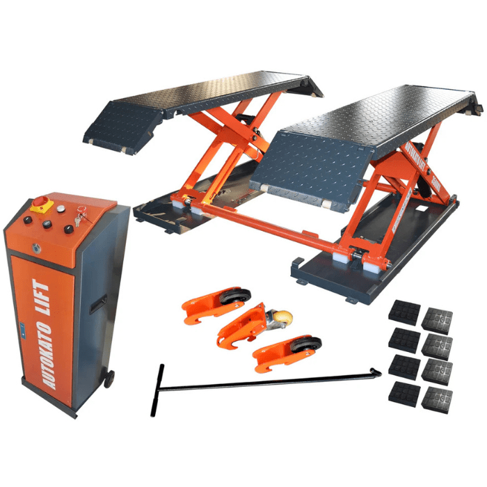 Showing the front side view of the Katool X85 8000lb Scissor Lift with its included parts