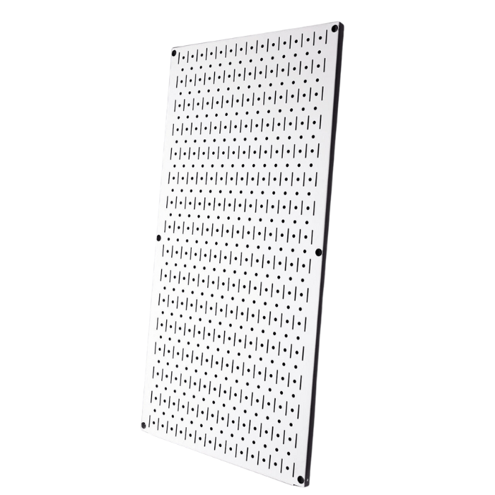 Showing the ghost white variant of the Signature Series Textured Matte Metal Pegboard Panel