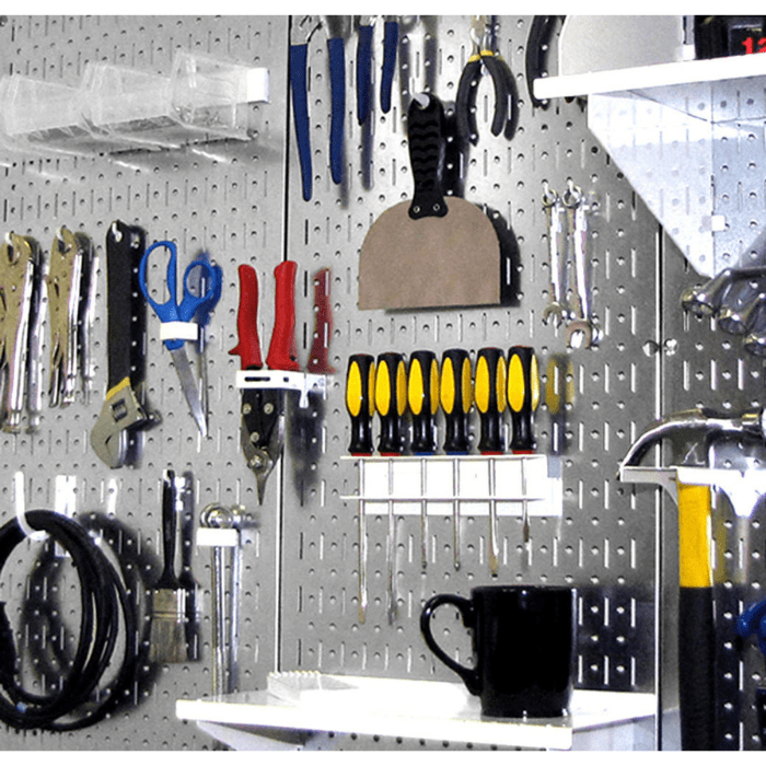 Showing the metallic vairant of the Steel Metal Pegboard Pack with white accessories