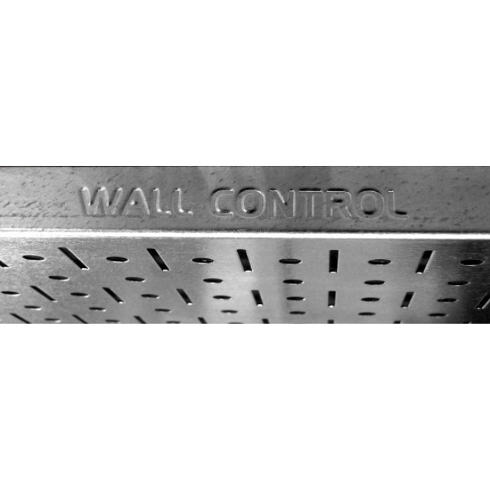 Showing the Wall Control logo on the side of the 4 ft Metal Pegboard Basic Tool Organizer Kit close-up view