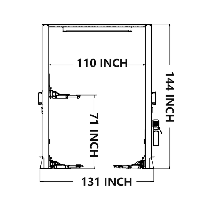 Showing the width, height, and length of the 2 Post Car Lift by Katool