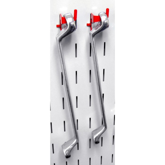 Showing tools hanging from accessories that come with Wall Control Basic Slotted Metal Pegboard Accessory Pack