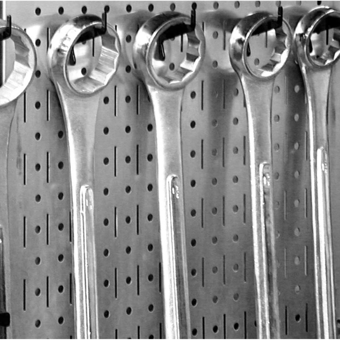 Showing wrenches hanging from black accessories on the Pro-Grade Pegboard Kit