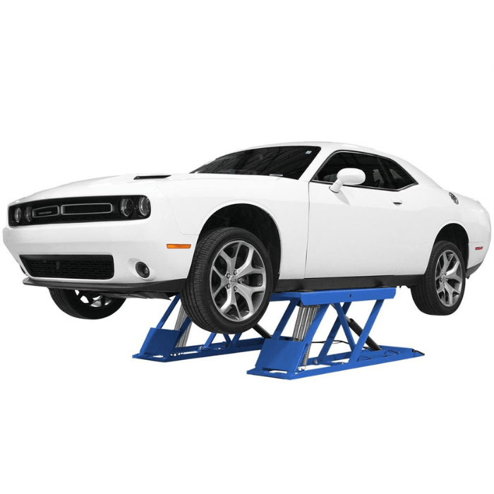 Shown hoisting a Dodge Challenger, the Atlas 6PL open-center scissor lift delivers 6,000 lbs. of lifting force—ideal for detail shops, tire service, and general maintenance.