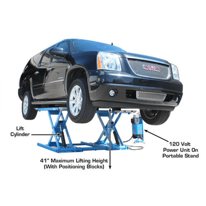 Shown lifting a GMC SUV, the Atlas 7K Kwik-Bay mid-rise scissor lift reaches up to 41 inches with blocks—perfect for tire service, brake jobs, and general repairs in tight work areas.