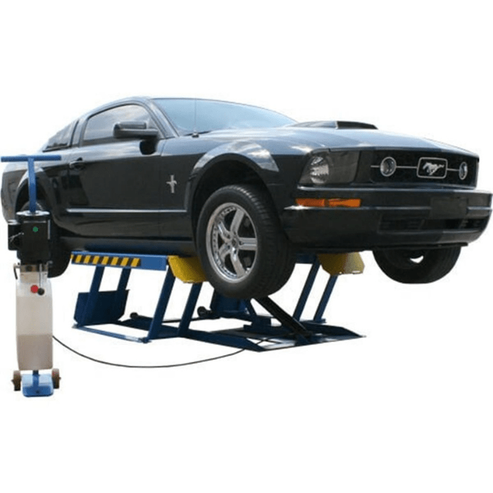 Shown lifting a Mustang with ease, the Atlas LR06 low-rise scissor lift is ideal for quick service jobs and compact spaces—rated for 6,000 lbs of lifting power.