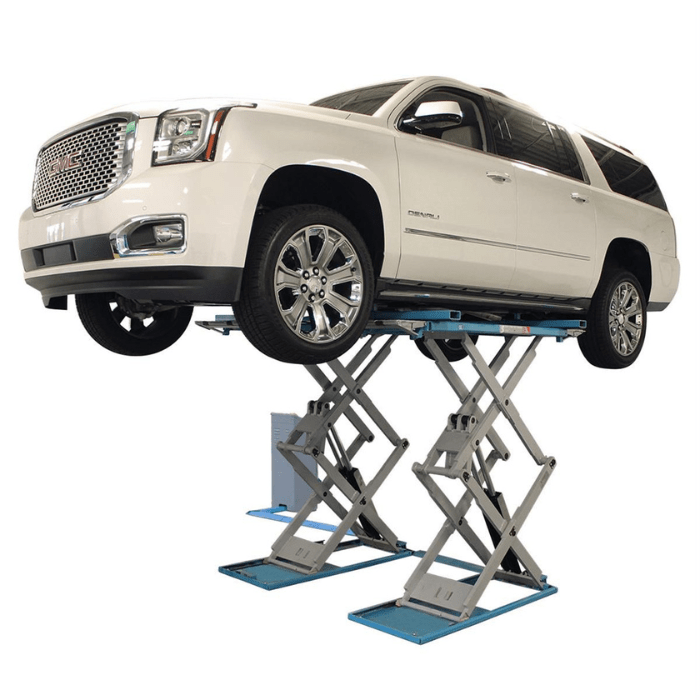 Shown supporting a full-size GMC SUV, the Atlas SLP9K full-rise lift delivers a powerful 9,000 lb. capacity—built for shops demanding high-clearance access and full-service capabilities.