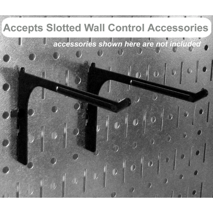 Shows how the Ultimate Metal Pegboard Kit accepts slotted Wall Control accessories