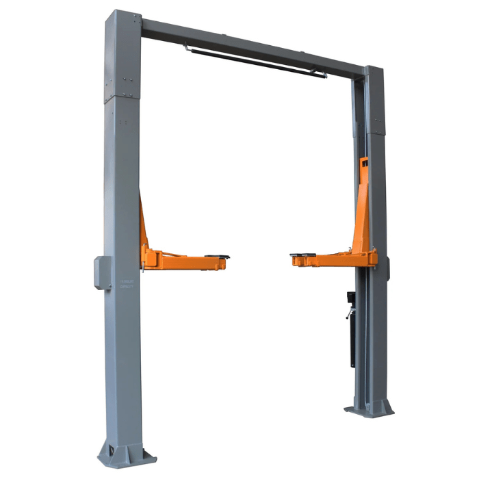 Side-angle view of the Triumph NTO-20S Two-Post Lift with reinforced gray columns, bright orange lift arms, and a top overhead bar built for high-capacity vehicle service.