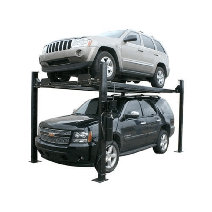 Side-by-side SUV stacking on the Atlas PRO8000EXT highlights its strength and space-saving utility—ideal for residential setups needing vertical vehicle storage.
