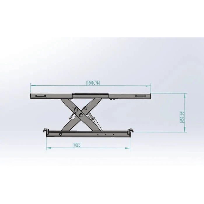 Side-view dimension diagram of the Katool KT-RJ50 Bridge Jack with a scissor-lift design, indicating overall length and height measurements for precise fit on four-post lifts.