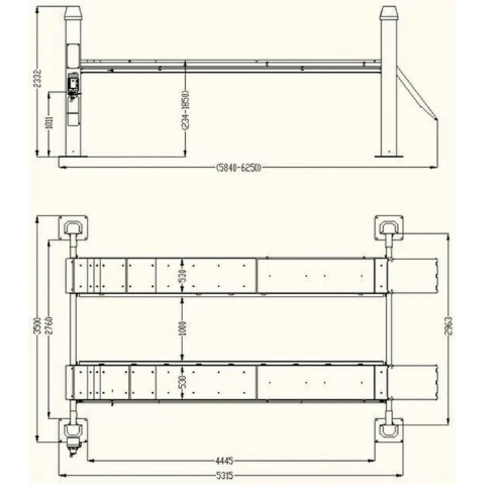 Side and top dimension blueprint of the Katool 4H150 alignment lift