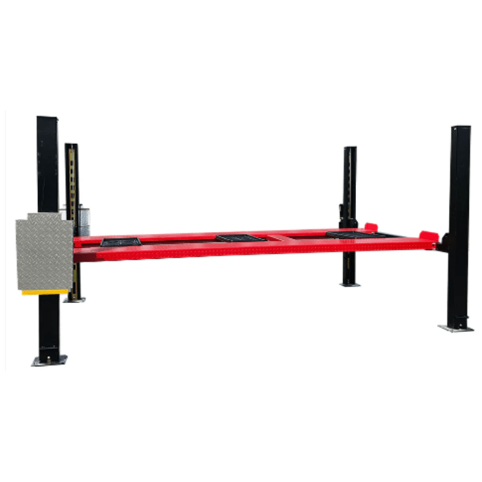 Side angle of the Katool KT-4H950 4 post vehicle lift with power unit mounted to column.