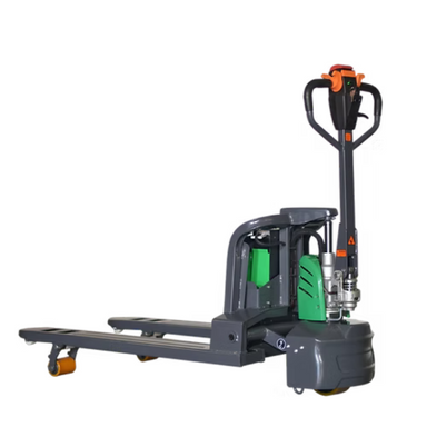 Side view of Ekko EP15SLi semi-electric pallet jack with motor and wheel housing exposed