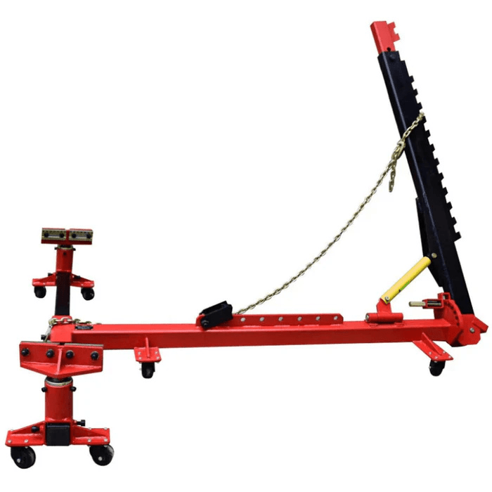 Side view of Katool KT-255 Frame Puller and Straightener with adjustable support stand and caster wheels – ideal for auto body frame repair.