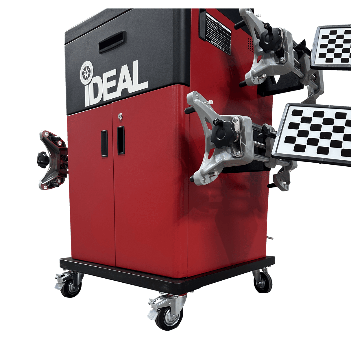 Side view of iDEAL 3D wheel alignment machine workstation with mounted wheel targets