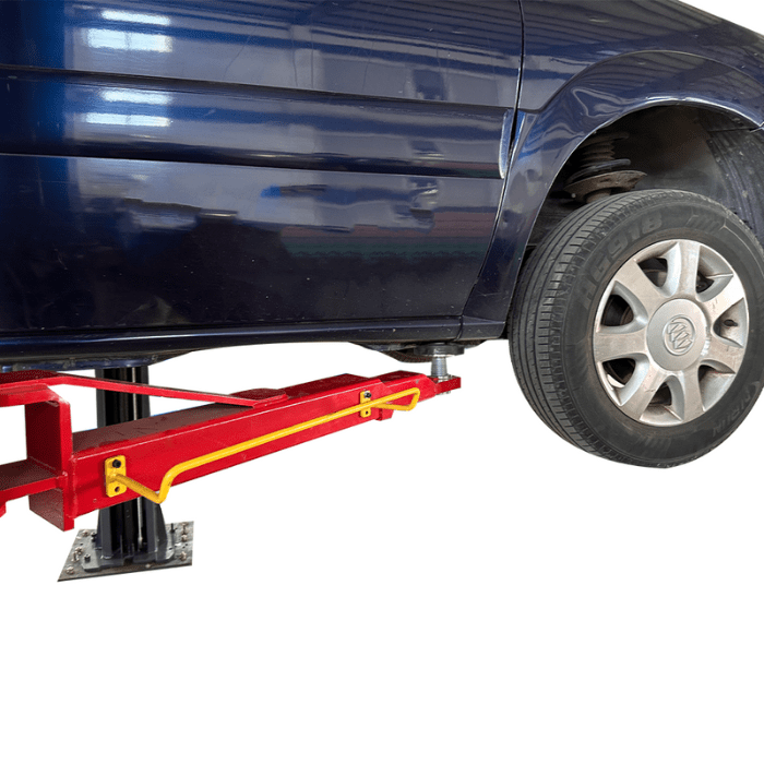 Side view of the AM120S 12000lbs Single Point Lock 2 Post Car Lift holding a car